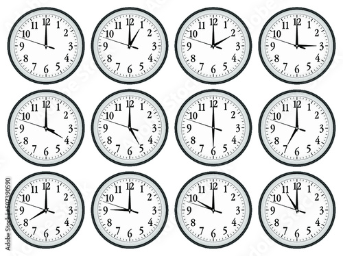 Wall clocks set on white background.