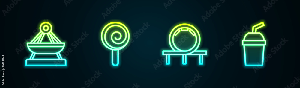 Set line Boat swing, Lollipop, Roller coaster and Paper glass with water. Glowing neon icon. Vector Set line Boat swing, Lollipop, Roller coaster and Paper glass with water. Glowing neon icon. Vector