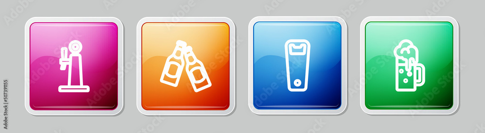 Set line Beer tap, bottle, Bottle opener and Wooden beer mug. Colorful square button. Vector Set line Beer tap, bottle, Bottle opener and Wooden beer mug. Colorful square button. Vector