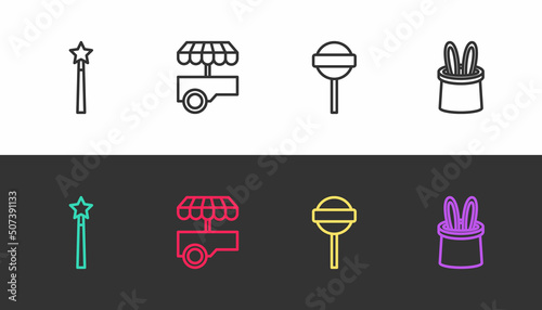 Set line Magic wand, Fast street food cart, Lollipop and Magician hat rabbit ears on black and white. Vector