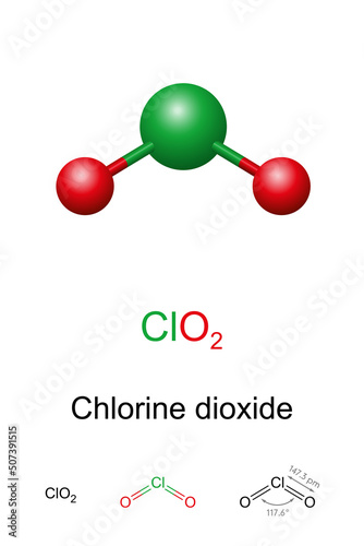 Chlorine dioxide, ball-and-stick model, molecular and chemical formula. Chemical compound with formula ClO2, known as Chlorine(IV) oxide. Used as a bleach and for disinfection (chlorination) of water.