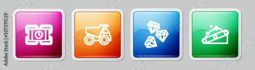 Set line Dynamite, Mining dump truck, Gem stone and Conveyor belt carrying coal. Colorful square button. Vector