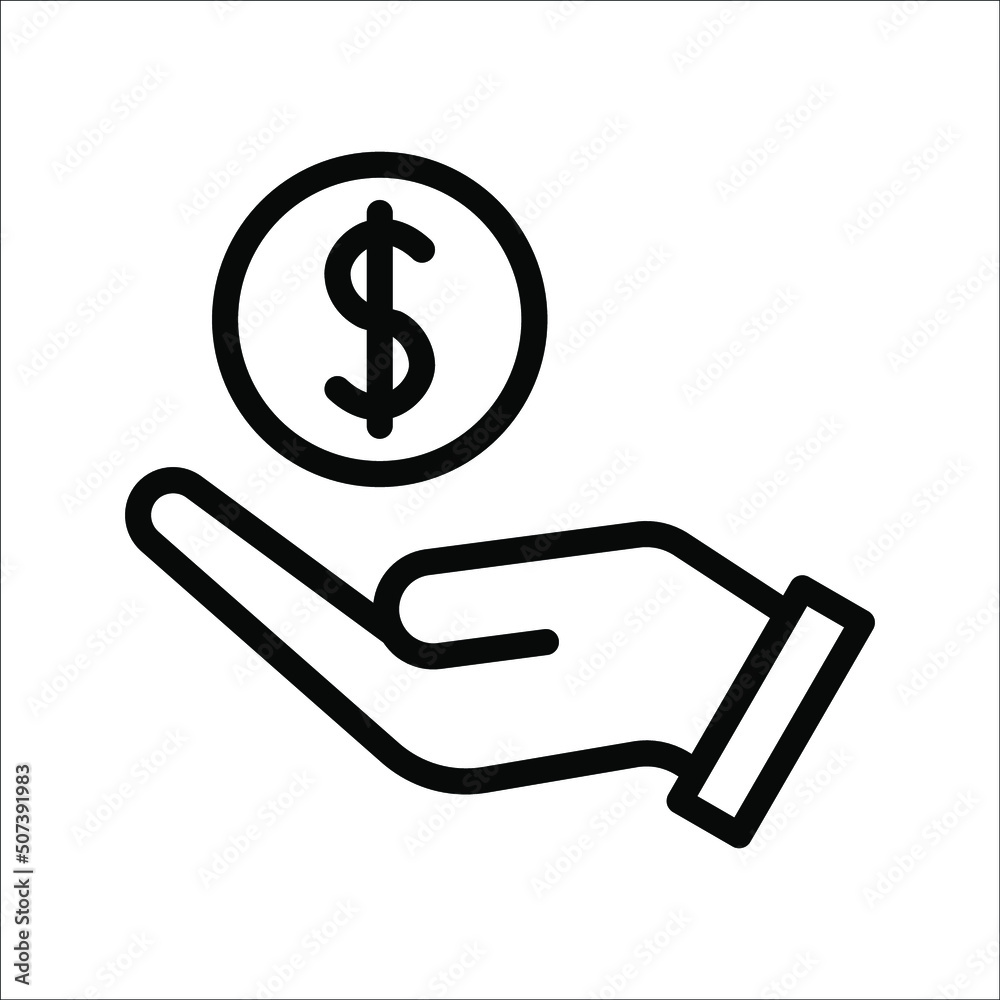 save money icon, salary money, invest finance, hand holding dollar, line symbol on white background. save money icon, salary money, invest finance, hand holding dollar, line symbol on white background.