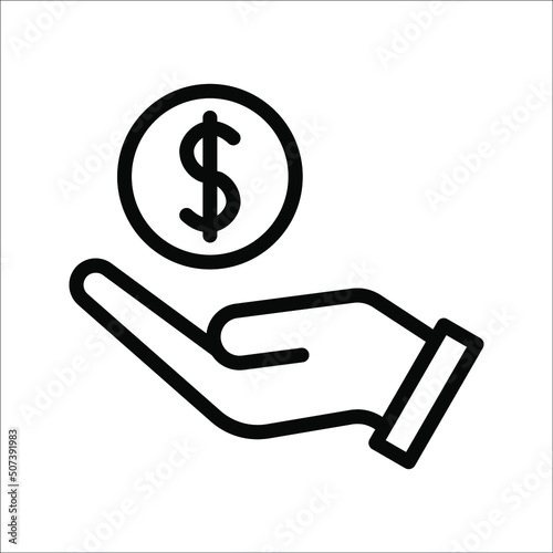 save money icon  salary money  invest finance  hand holding dollar  line symbol on white background.