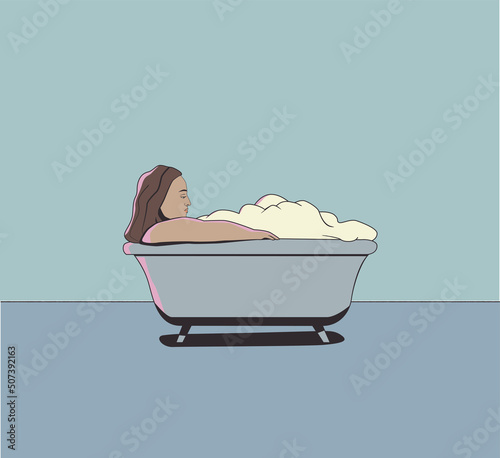 girl lies bath with foam. Relaxation, hygiene, rest, bathing