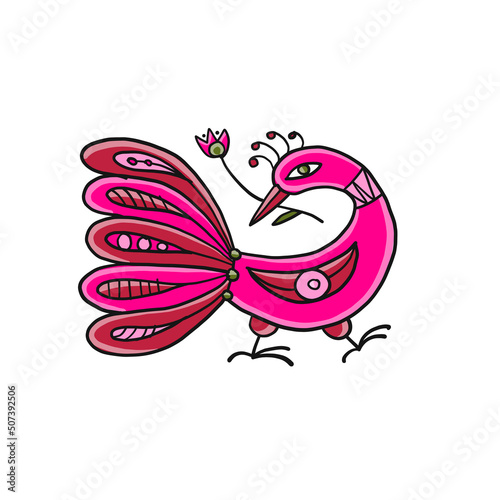 Pink magic bird isolated on white. Art for your design