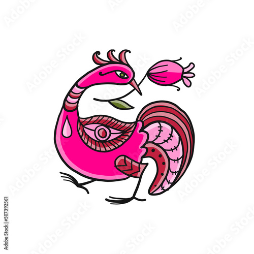 Pink magic bird isolated on white. Art for your design