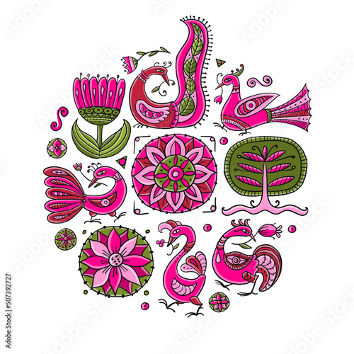 Magic birds and flowers collection, circle frame for your design