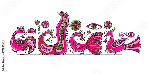 Magic birds family isolated on white. Art for your design