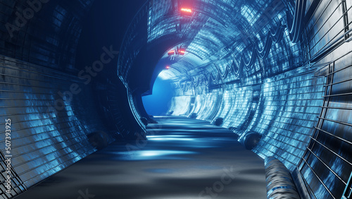 Photo 3D rendering Underground tunnel illuminated at the end.