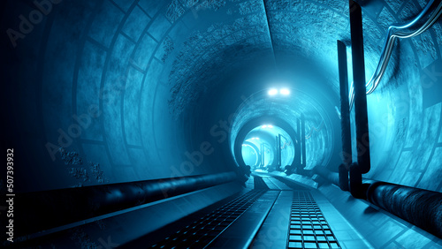Fototapeta Naklejka Na Ścianę i Meble -  3D rendering Underground tunnel illuminated at the end.