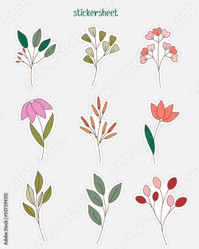 Minimal floral and leaf stickers. Bullet journal stickers, planner, scrapbook stickers design.
