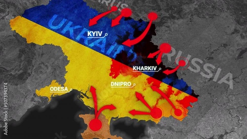 Ukraine map invasion attack war Animated map of Russia invasion of Ukraine, the movement of troops. as of February 24, 2022, UHD 4K 3D Renderd