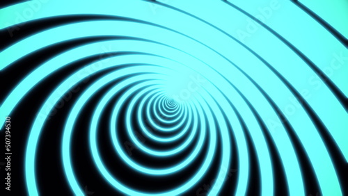 Abstract geometric tunnel of neon circles on a black background formed by colorful azure narrow crossed stripes. 3D rendering 4K video.