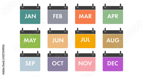 Yearly calendar icons set. All twelve months with names in abbreviated form. Planning icons. Flat vector illustration isolated on white.