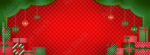 クリスマス向け　山積みのプレゼント　フレーム・背景素材／赤×緑（バナー向け横長）