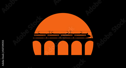 Modern high speed suburban train silhouette rides on the old arch bridge at sunset. Old viaduct. Flat vector illustration on black background.