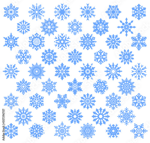 50 set blue snowflakes on white background.