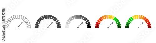 Meter scale with arrow. The measuring device icons set. Sign tachometer, speedometer, indicators. Illustration in flat style. Infographic gauge elements