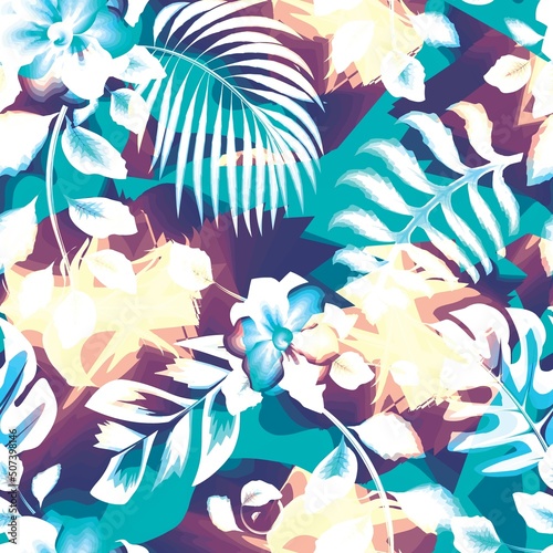 Abstract vintage colors seamless tropical pattern with pink blue leaves and flowers on grunge background. Seamless exotic pattern with plants elements. Exotic wallpaper. Floral background. art Summer 