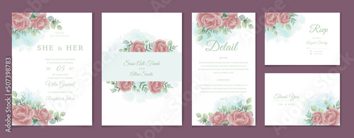Wedding invitation card template set with watercolor and floral decoration. Flowers illustration for save the date, greeting, poster, and cover design Abstract Background.