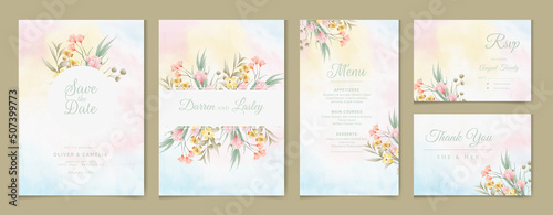 Wedding invitation card template set with watercolor and floral decoration. Flowers illustration for save the date, greeting, poster, and cover design Abstract Background.