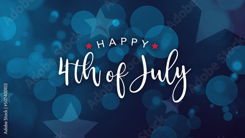 Happy 4th of July Text Holiday Graphic Design Illustration with Blue Bokeh Lights and Stars Background, Widescreen