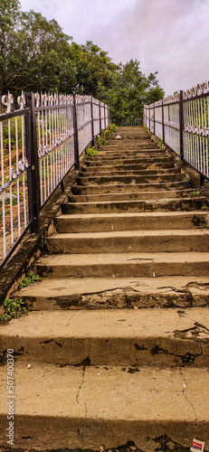 Bangalore  India 2022  Vacant broken stairs surrounded by iron rail