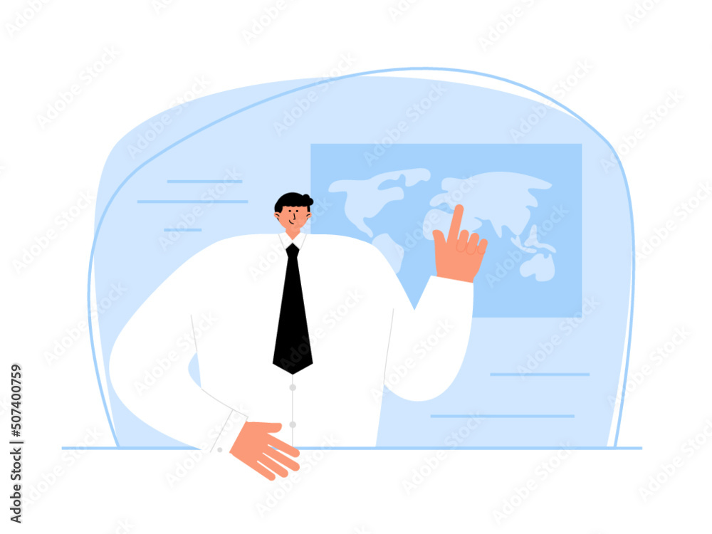 The news anchor provides news about the weather. Weather in several places by showing the position on the map. Ai vector illustration	