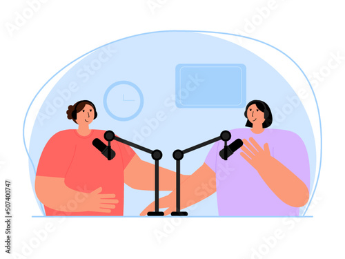 Communication two women in the podcast. Podcasts are places for interviews with someone. Ai vector illustration	