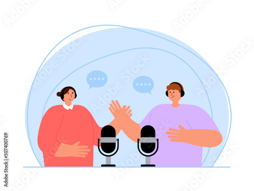 Two person is doing a podcast. They are talking about some things. Ai vector illustration	