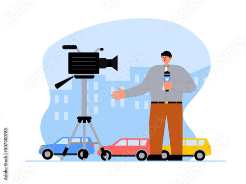 A reporter gives live news about the situation on urban streets. Several cars are seen in a traffic jam. Ai vector illustration	