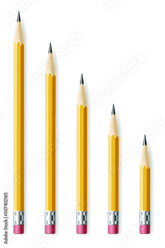 Lead pencils various length on white background.