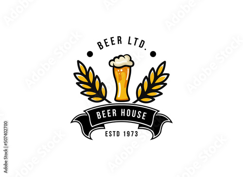 Craft Beer glass and malt Brewery label logo design vector in trendy modern cartoon line style illustration. Liquor logo for pub and bar club