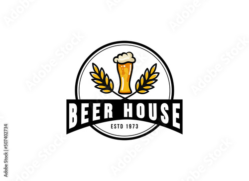 Craft Beer glass and malt Brewery label logo design vector in trendy modern cartoon line style illustration. Liquor logo for pub and bar club