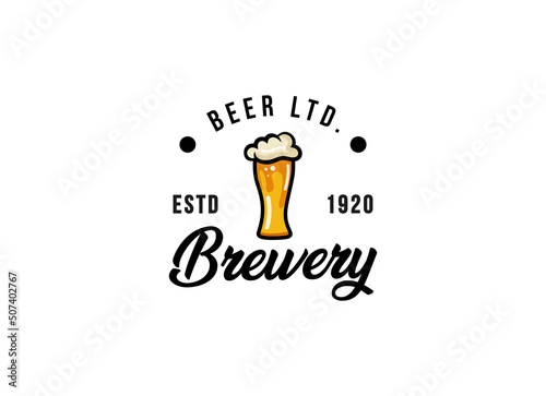 Craft Beer glass and malt Brewery label logo design vector in trendy modern cartoon line style illustration. Liquor logo for pub and bar club
