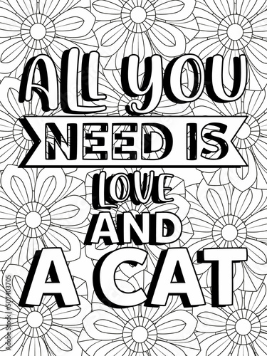 Cat coloring page. Coloring quote. Vector illustration.