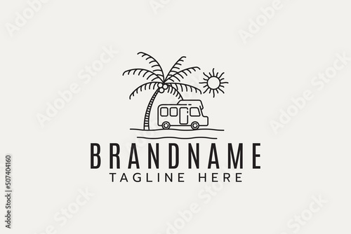 summer camp logo with a combination of a camper van, palm, sun and beach