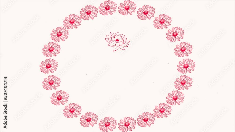 Red summer flowers in circle, motion holidays, romantic and wedding style background