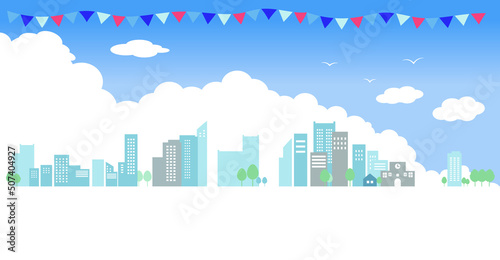 夏の街並みと入道雲の背景イラスト　ベクター背景素材