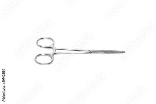 Surgical Clamp Scissors deep etched on white background.