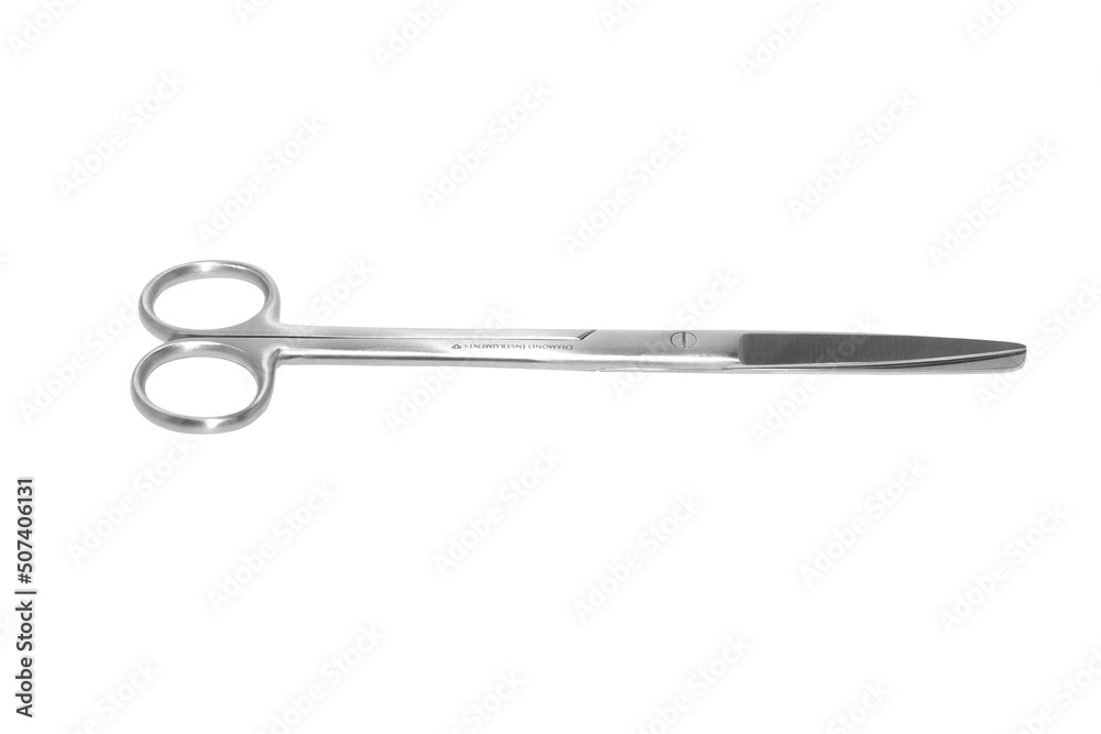 Large Surgical scissors deep etched on white background.