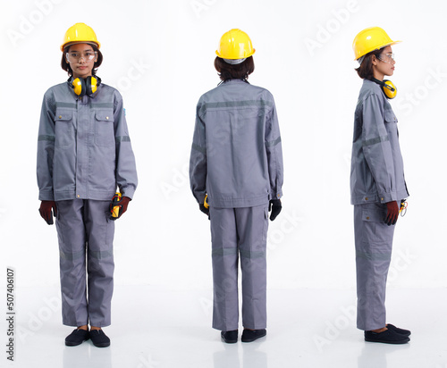 Full length 20s young Asian industry Woman wear hardhat protective gear, 360 front side back rear