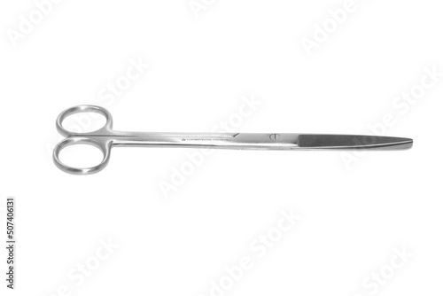 Large Surgical scissors deep etched on white background. © Justin