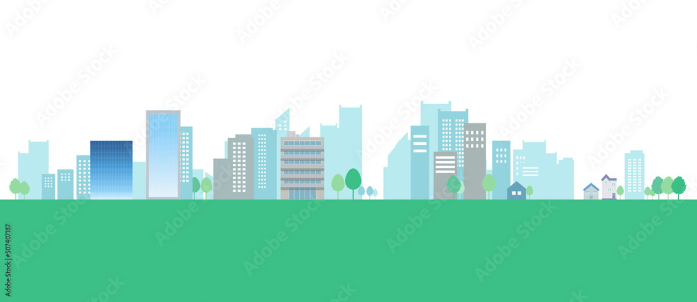 緑あふれる夏の街並みの背景イラスト　ベクター背景素材　SDGs