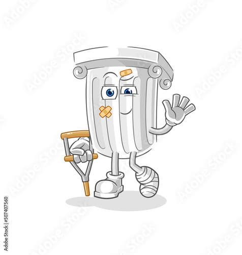 roman pillar sick with limping stick. cartoon mascot vector