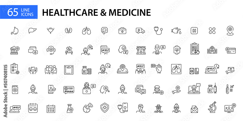 65 Healthcare, hospital and medicine icons. Doctors, human organs, ambulance, insurance etc. Pixel perfect, editable stroke line art. 