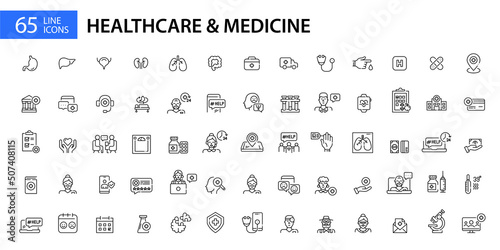 65 Healthcare, hospital and medicine icons. Doctors, human organs, ambulance, insurance etc. Pixel perfect, editable stroke line art. 