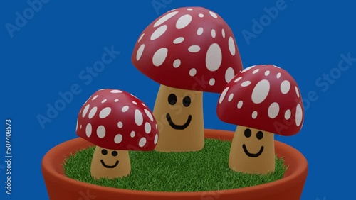 Mushrooms 3d amanita muscaria dancing animation, with blue screen,
