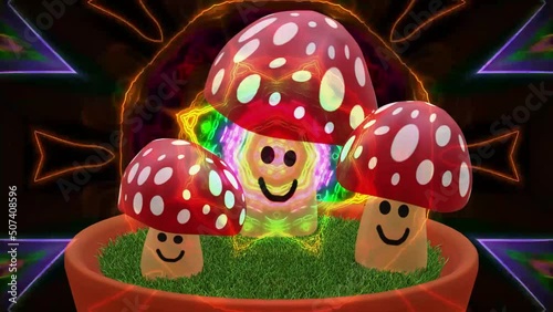 Mushrooms 3d amanita muscaria, with psychedelic kaleidoscope dancing,
